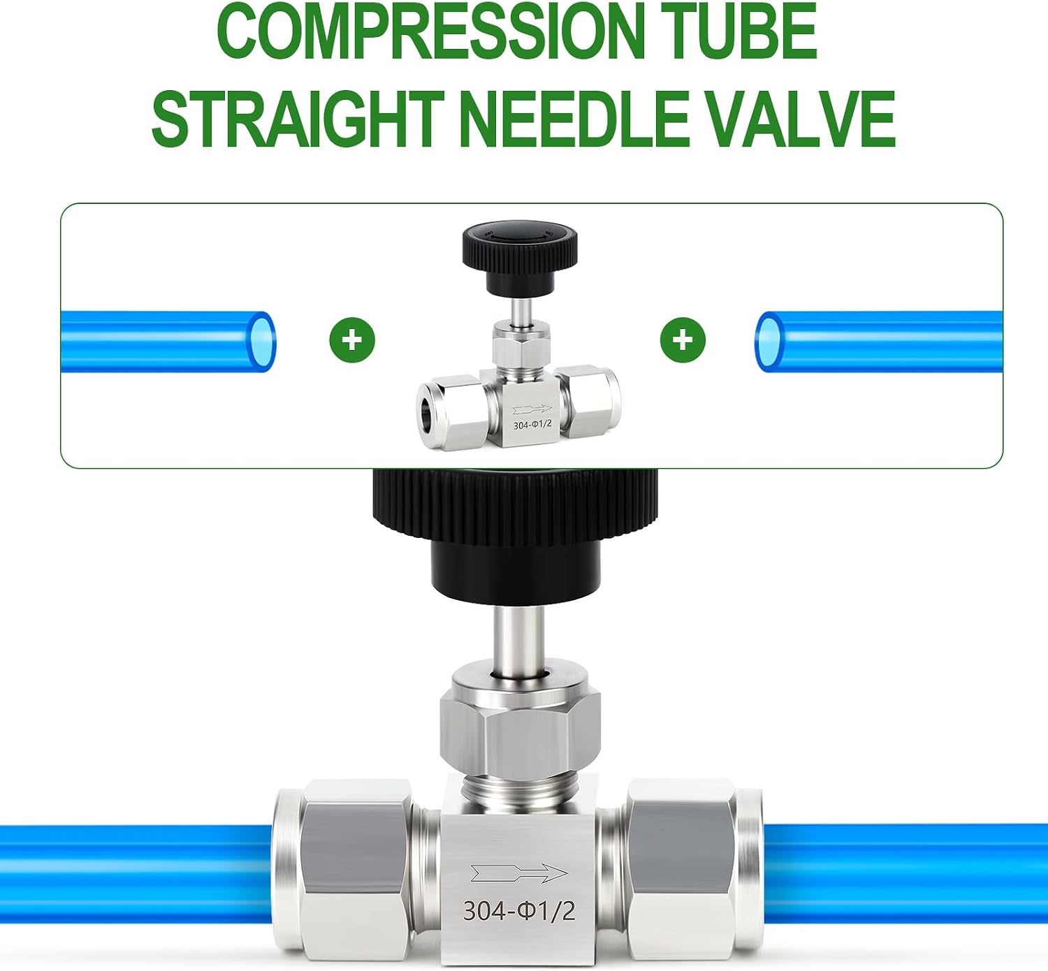 TAISHER 1PCS 304 Stainless Steel Compression Square Straight Needle Valve - 1/2" Tube OD x 1/2" Tube OD For Flow Control Water Gas Oil