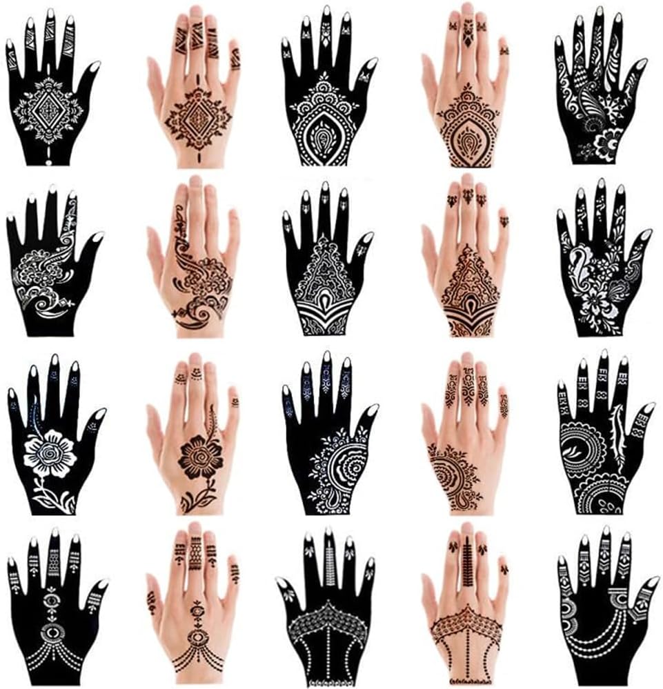 20 Pieces Temporary Tattoo Hand Stencils Kit for Women Girl, Indian Arabian Tattoo Sticker Tattoos Templates 20 X 10.5 cm