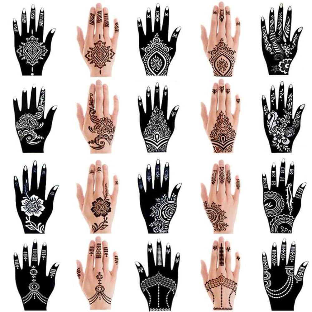 20 Pieces Temporary Tattoo Hand Stencils Kit for Women Girl, Indian Arabian Tattoo Sticker Tattoos Templates 20 X 10.5 cm