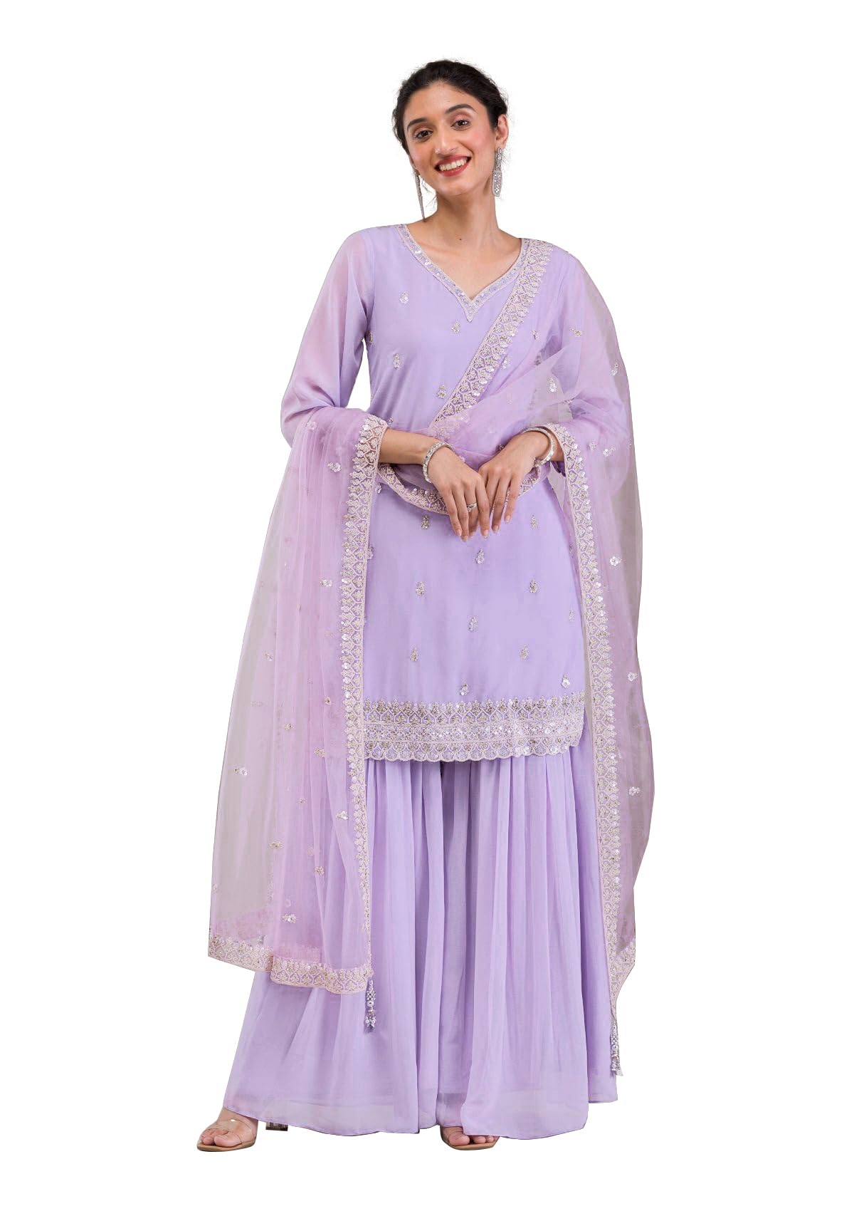 TRENDMALLS Damen Georgette Stickerei Arbeit Kurta Sharara Set mit Dupatta Kurta Set für Frauen