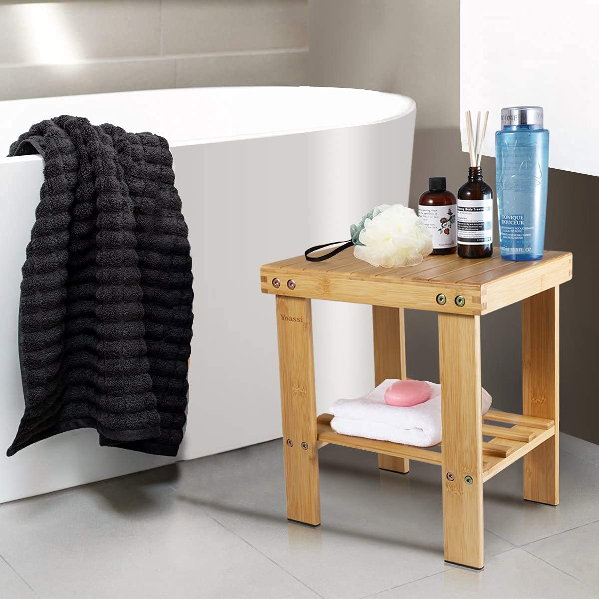Yoassi - Taburete bajo de bambú Natural con Estante de Almacenamiento para niños y Adultos,31 * 24 * 34cm, Banqueta Multifuncional