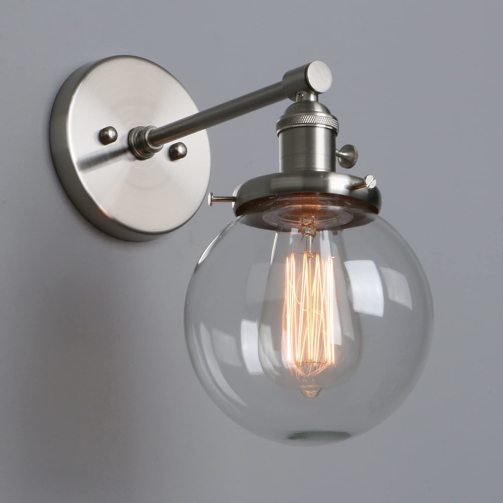 Phansthy Retro Style Industrial Wall Light Fixtures, Vintage Wall Sconces with Globe Glass Shade, Hallway Wall Lamp Suitable for Living Room Kitchen Dining Room Bedroom Vanity Mirror (Brushed)