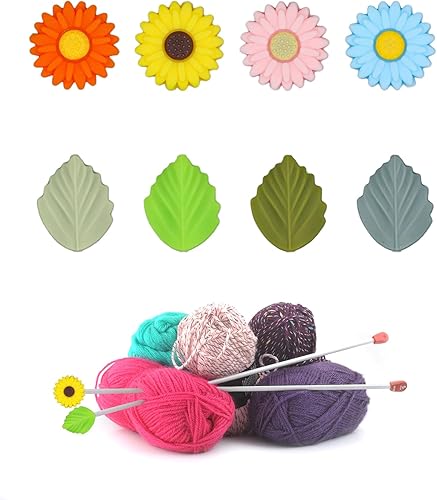 8 tapones de aguja de tejer de silicona, protector de punta de aguja de flores y hojas, tapas de punta de margarita colorida, cubierta de extremo de