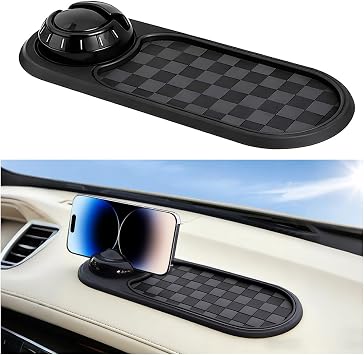 Car Dash Anti-Slip Pad, 3-in-1 Rotatable Dash Non-Slip Mat with Phone Holder & Temporary Parking Number, Multifunctional Dashboard Grip Mat for Key Gadgets, Universal Fit Gray/Black