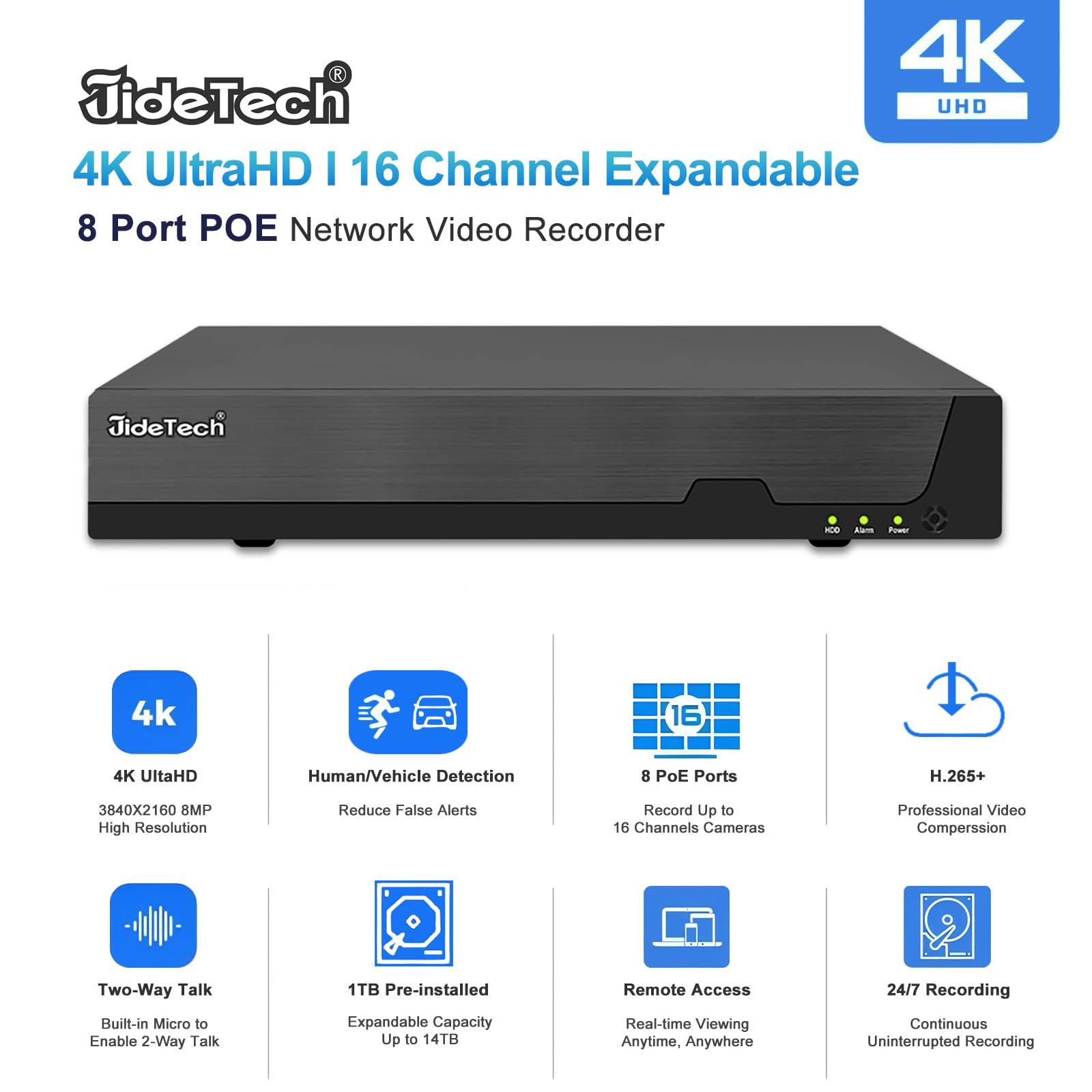 JideTech NVR 4K 8 canali PoE, 8 porte 16 CH espandibile Network Video Recorder per sistema di telecamere di sicurezza domestica 4K/2K/8MP/5MP/3MP/1080P, registrazione 24/7, disco rigido da 1 TB
