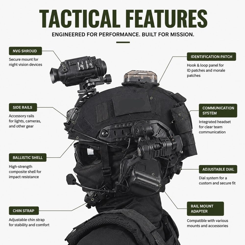 Fast FRP-Helm, komplettes Zubehör-Set, leichte Headset-Brillen-Requisite | Einteilige FRP-Schale, Verstellbar, Mit Taschenlampe, Headset, Tasche, Requisiten