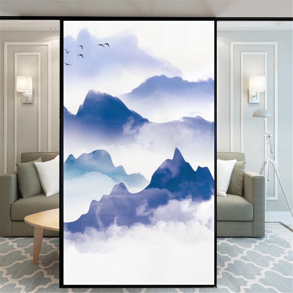 Privacy Windows Film 11C Chinese Landscape Painting Stained Glass No Glue Static Cling Decorative Window Stickers 89x140cm(35"" x55.1)