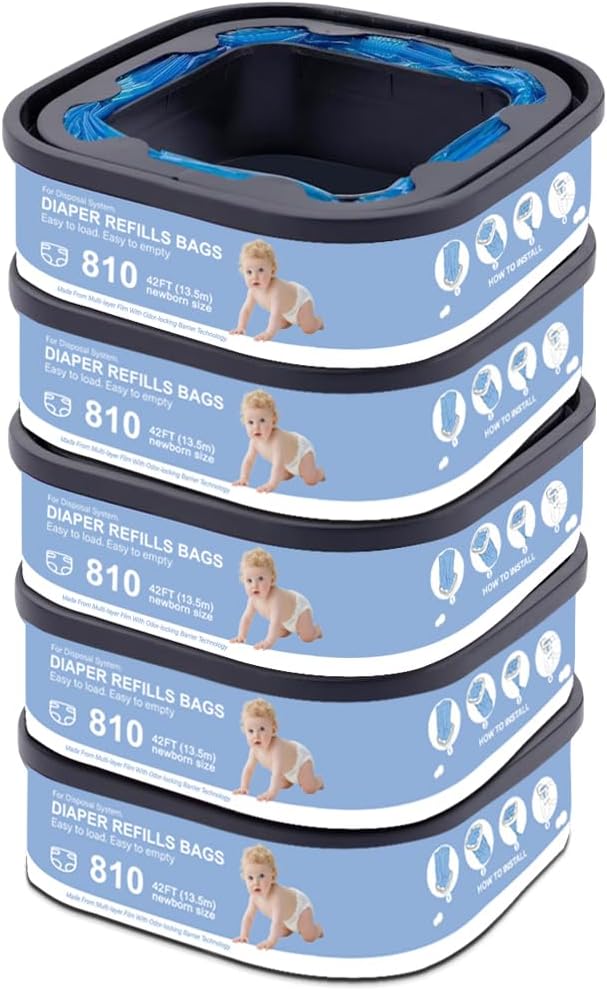 Jumbo Square Refills Disposal Bags Refill Compatible with Genie Diaper Compact, Select Pails (Not Fit Classic),Hold Up to 810 Newborn-Sized Diapers Per Refill,Pack of 5