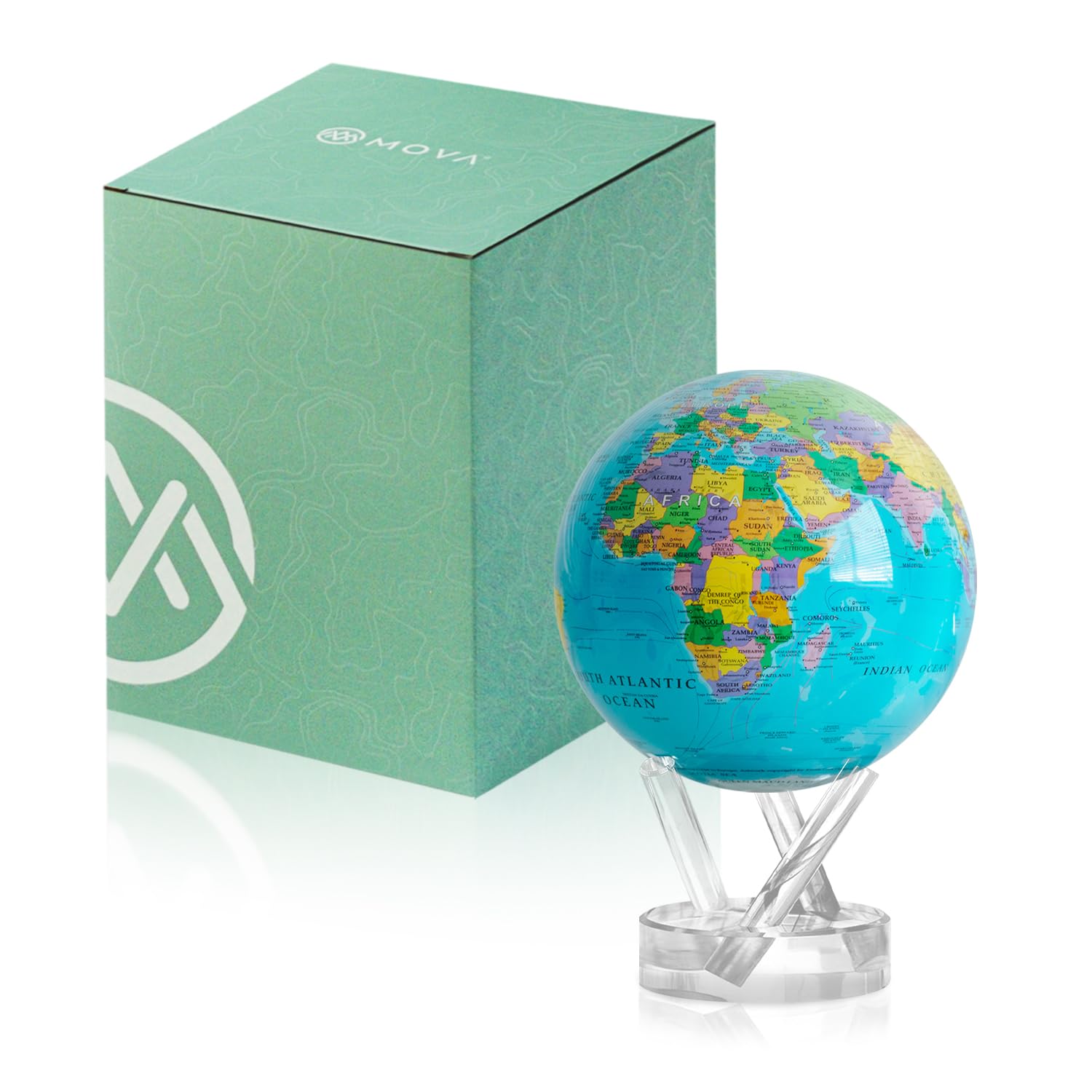 MOVA Globe - Ocean Blue Political Map Classic (4.5") | Rotating World Globe Powered by Light | Educational Home Decor, No Batteries or Wires Needed