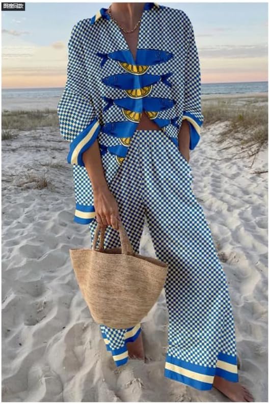 Women's printed long sleeved shirt wide leg pants set button cardigan beach vacation wide pants two-piece set