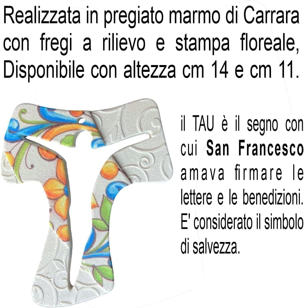Regalami. Shop Zestaw 6 krzyżyków Tau Marmur Carrara 14 cm z wytłoczonymi fryzami i nadrukiem z przezroczystym pudełkiem, kartką i uchwytem na konfetti dla zwierząt domowych, wyprodukowano we Włoszech