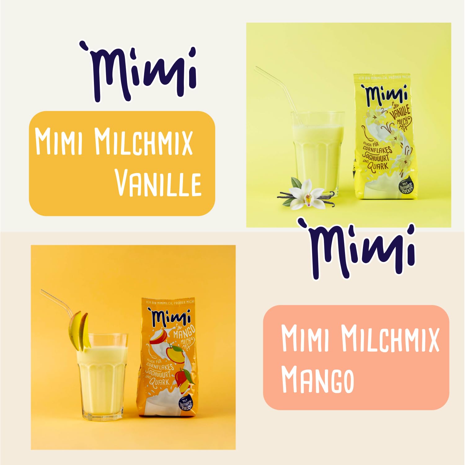 Mimi, confezione da 8 pezzi, mix di latte e bevande in polvere (2 confezioni da 400 g), banana, fragola, mango, vaniglia, confezione conveniente, ideale per il tempo libero, la scuola o per andare in