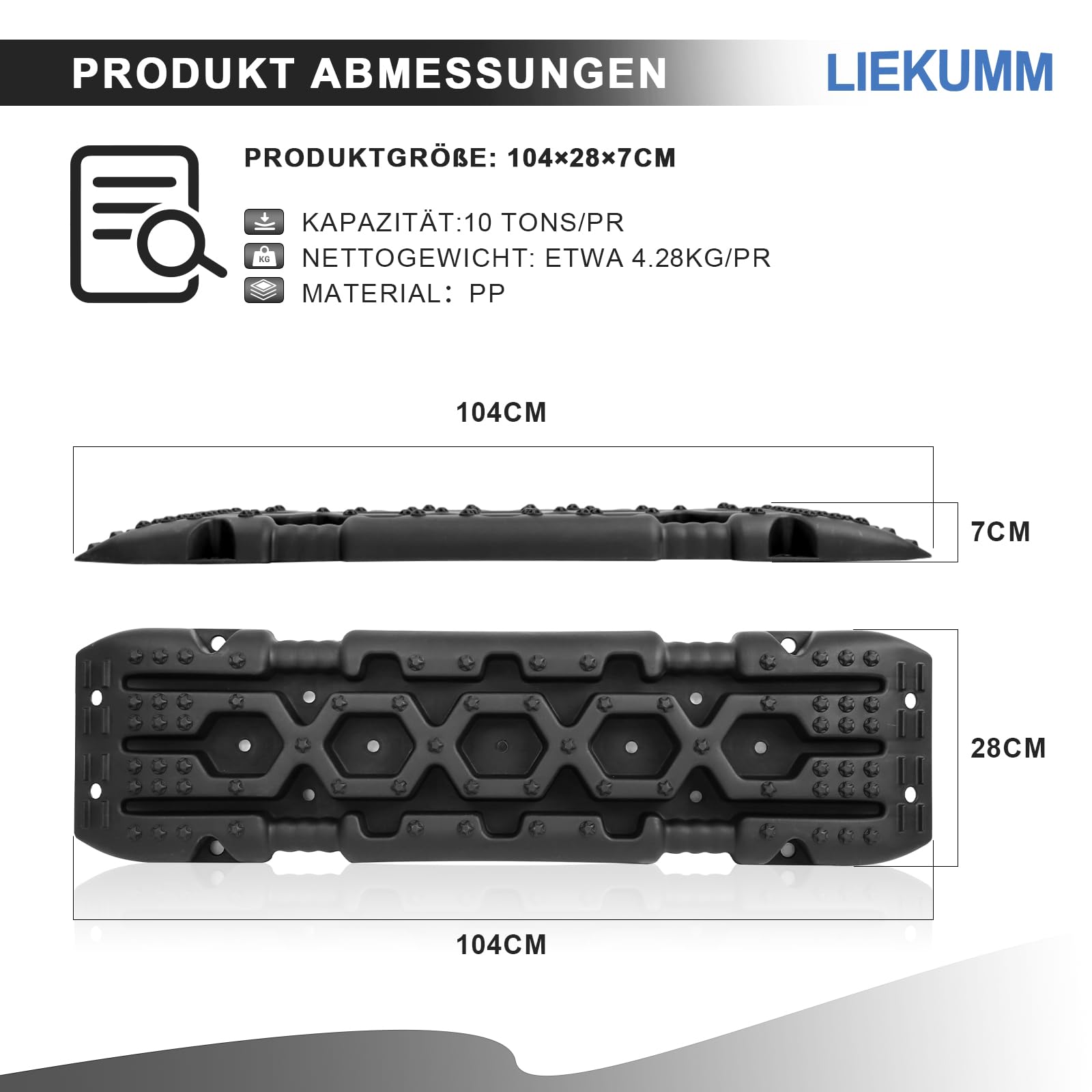 LIEKUMM 2 Stücke Sandbleche Offroad, 104 x 28 cm Sandbleche Kunststoff, 10 T Tragkraft Sandbleche Wohnmobil, Kunststoff Sandblech für Geländewagen PKW LKW, Sandboard für Sand Schlamm Schne