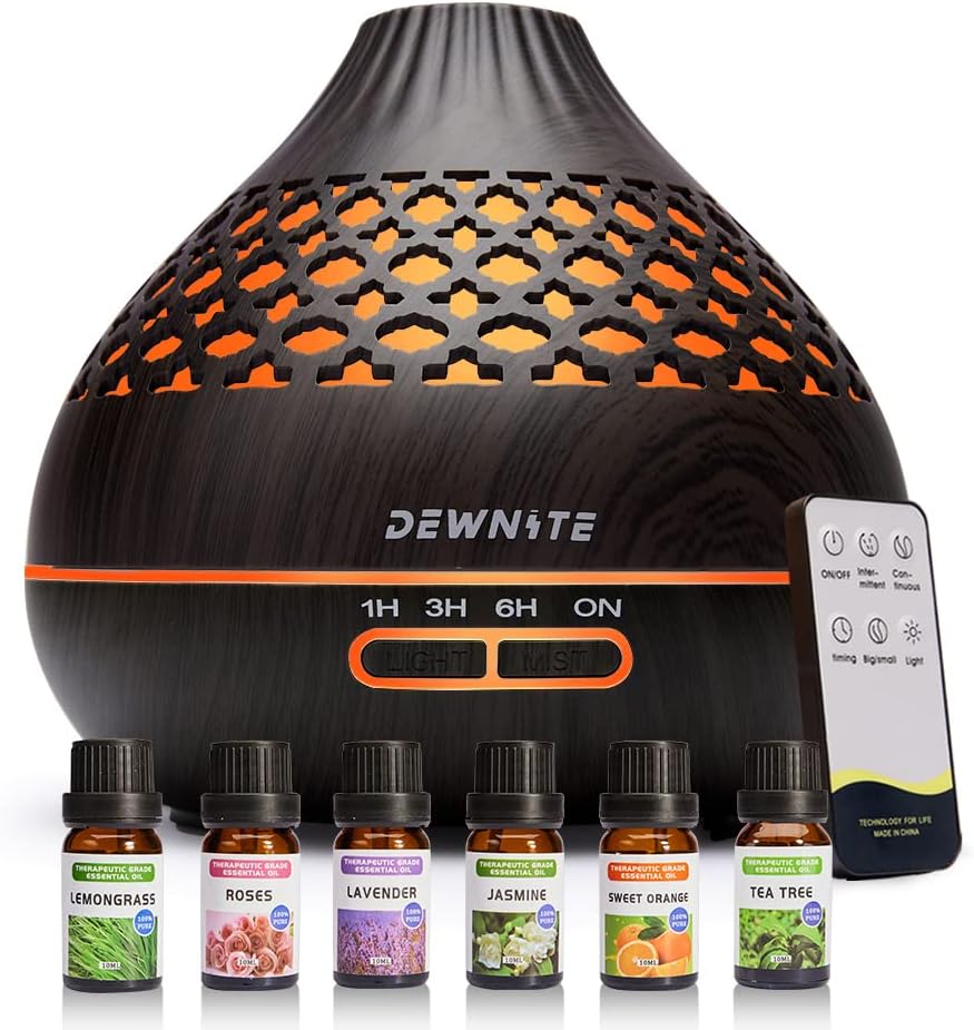 Aromatherapy Essential Oil Diffuser with Remote Control 400 ml Ultrasonic Aroma Humidifier with 6*10ml Essential Oils Waterless Safety Switch & 4 Timer Settings, 7 Color LED Lights -Black Wood : Health & Household