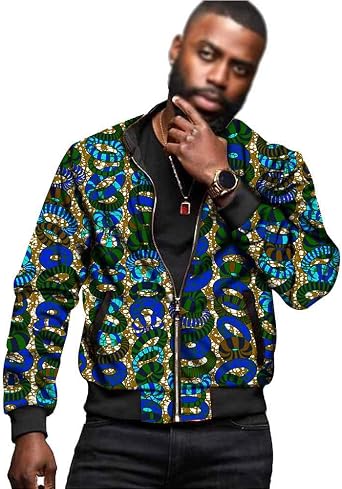 Mens Jacket African Dashiki Print Classic Zipper Biker Bomber Jacket Short Coats Outwear 576 2XL