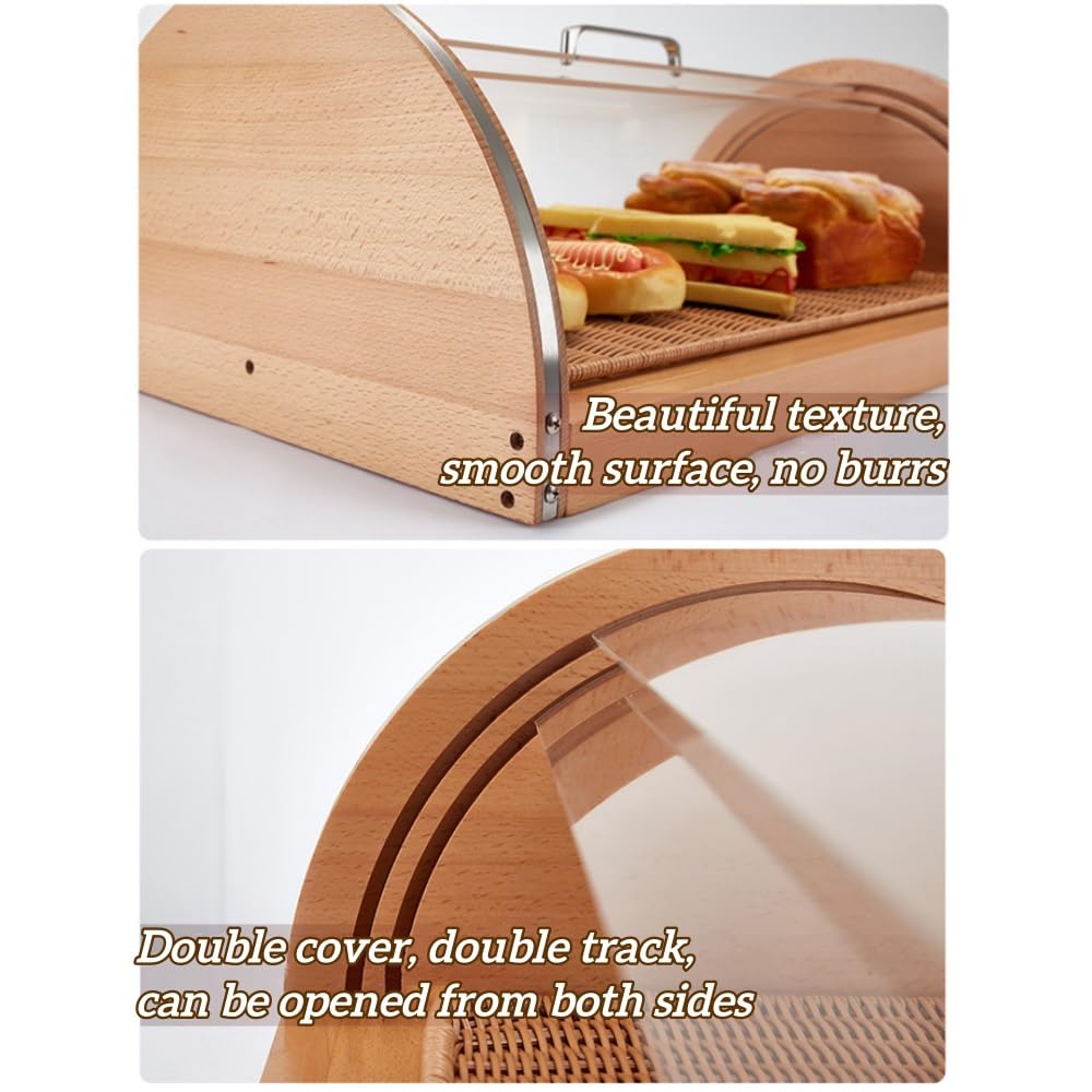 Bread Container with Dual-Sided Sliding Clear Lids, Countertop Display Case, Solid Wood Pastry Display Case for Kitchens and Buffet Tables(25.6in)