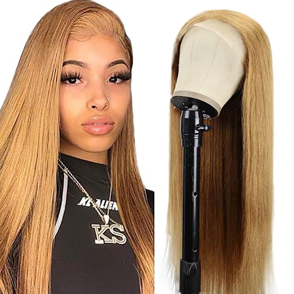 Weeybay #27 Honey Blonde Color Straight 4x4 Lace Front Wigs 180% Density Doubles Weft 100% Unprocessed Glueless Transparent Lace Human Hair Wig For Women 18 Inch