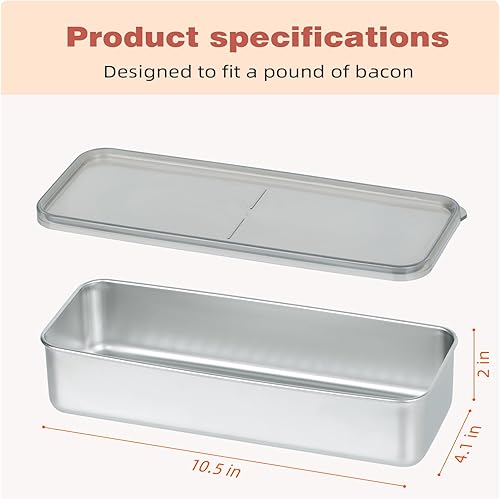 Miniatura 3 de Paquete de 2 recipientes de tocino para refrigerador, acero inoxidable 304, hermético, almacenamiento de tocino, contenedor largo para refrigerador,