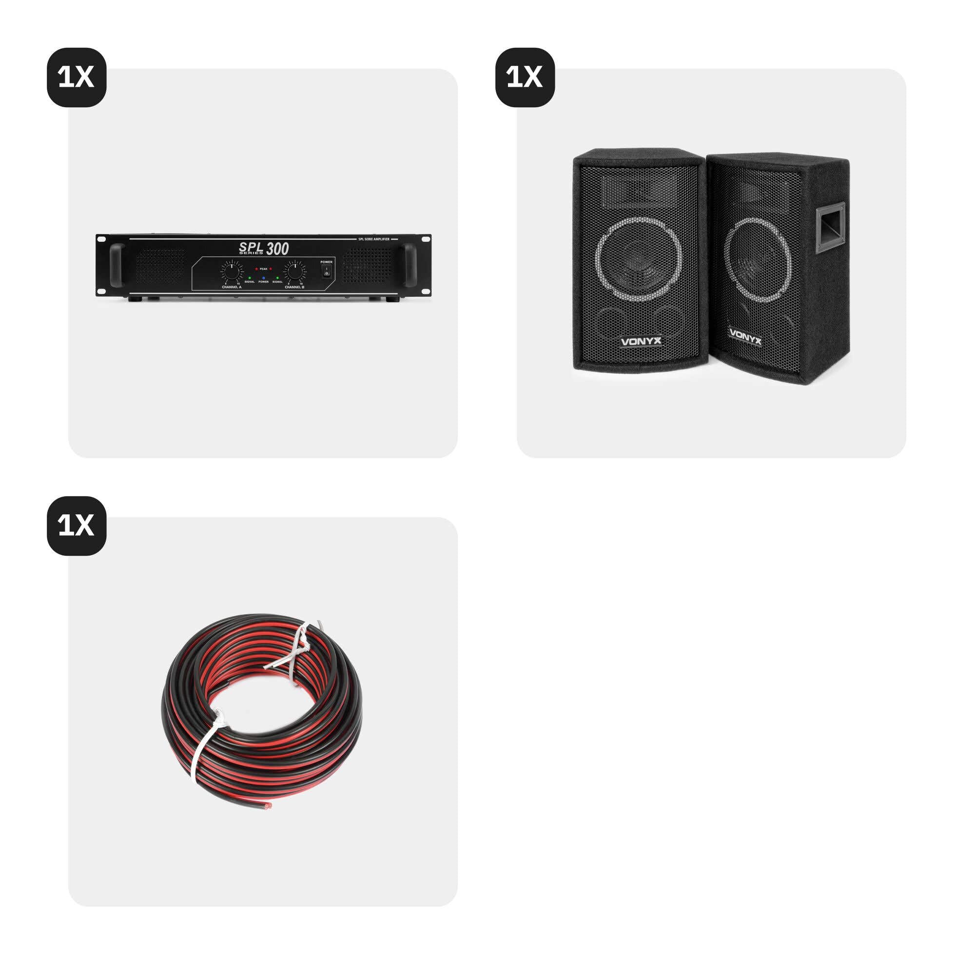 Vonyx SL6 PA Anlage Komplettset 500 Watt Lautsprecher mit Verstärker und Kabel Schwarz