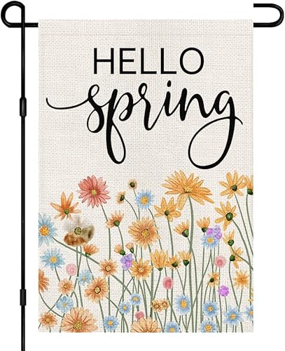 Bandera de jardín floral de Hello Spring de 12 x 18 pulgadas arpillera de doble cara exterior letrero de temporada de flores decoración de patio