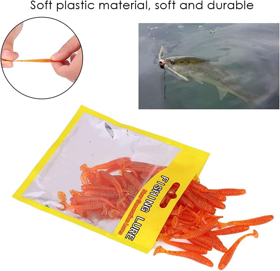 50PCS Fishing Lures Kit, 2in Plastic Fishing Soft Lures T Tail Grub Baits Fishing Swimbaits Fishing Fish Tackle Accessories (Orange)