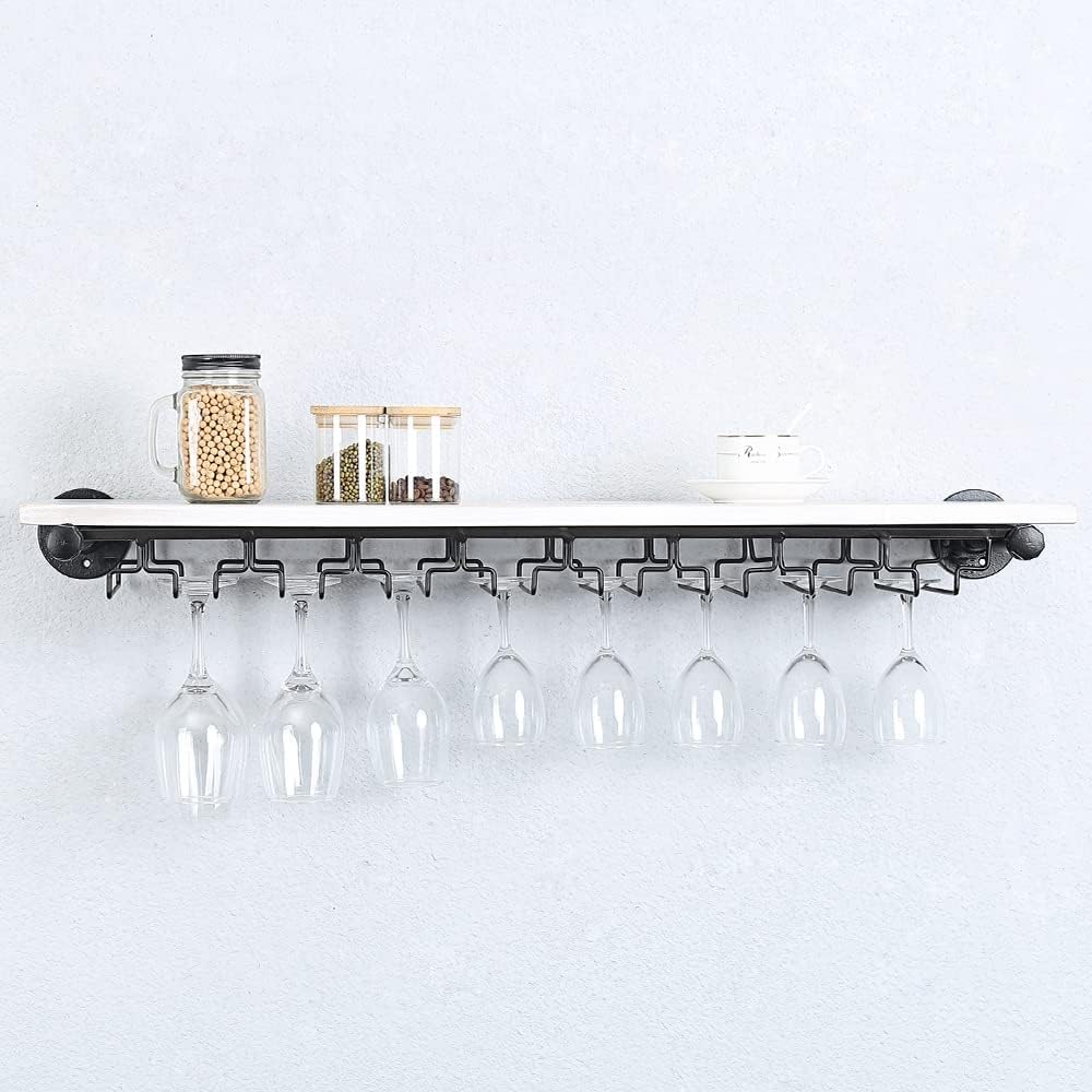 industrial wine rack wall mounted with 5 glass holder,wine glass rack floating wine glass shelf,36in pipe shelving hanging wood shelves 36in c
