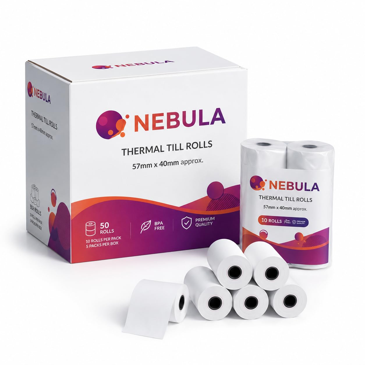 Bag Market | Thermal Till Rolls 57mm x 40mm – Box of 50 Receipt Paper Rolls, Packed in 10s, BPA Free White Thermal Paper for PDQ Machines, Card Terminals, Cash Registers, EPOS & Receipt Printers