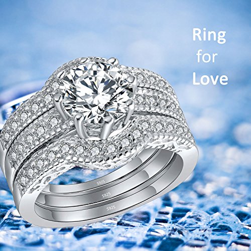 MABELLA Jewelry 2.50 Cttw Halo Round White Cubic Zirconia 925 Solid Sterling Silver Trio Classic Engagement Wedding Band Ring Sets Gifts for Women4