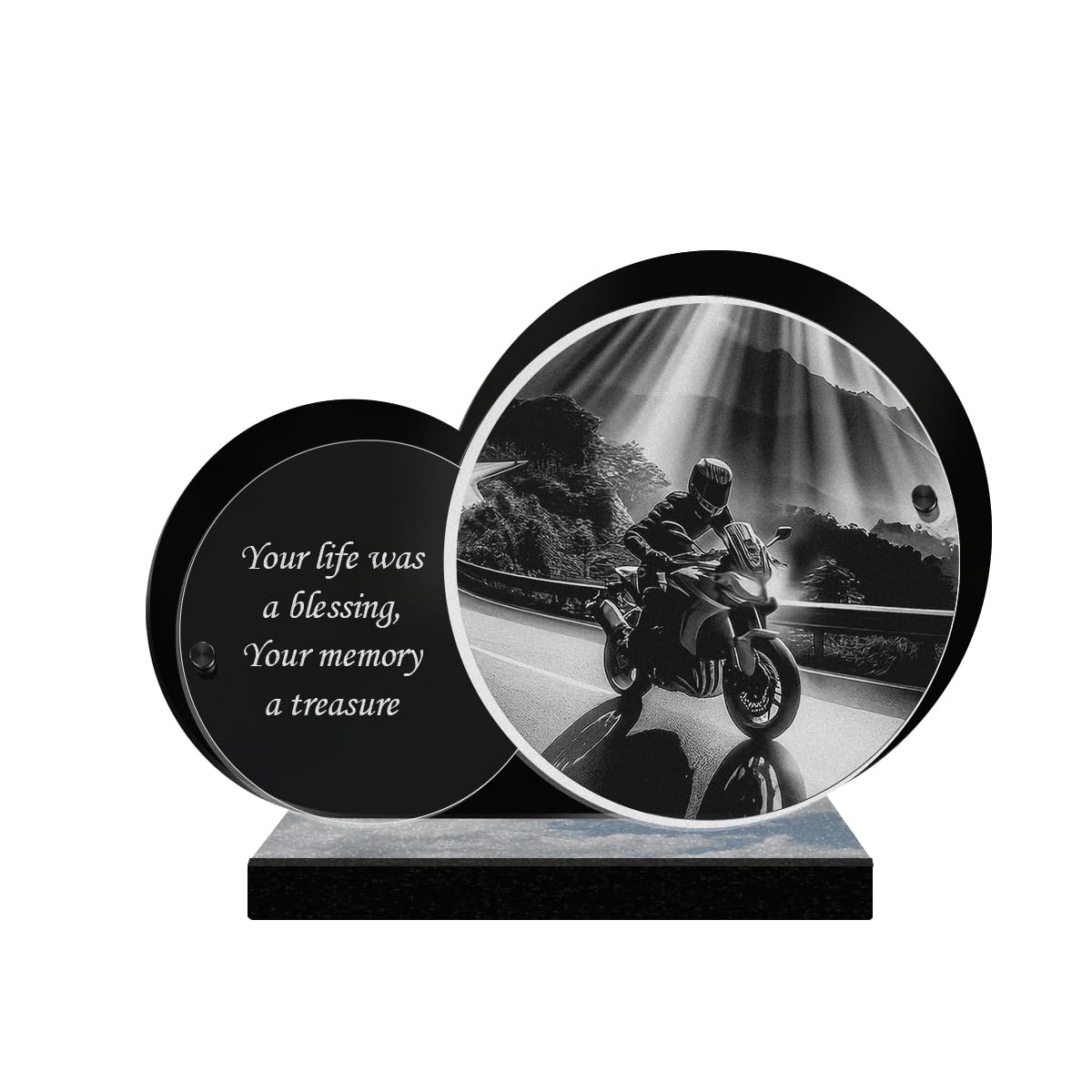 ETERNEL - Personalized Double Circle Memorial Plaque - Biker, Motorcycle, Rider - Customizable text, laser-engraved memorial plaque for tribute, funeral plaque, tombstone, funeral, commemoration