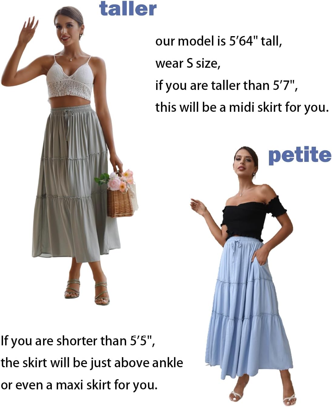 DREFBUFY Women's Mae Pleated Flowy Cxi Skirt Denim Tiered Elastic Waist Rufflasual Long Skirts with Pockets for Summer - Image 6