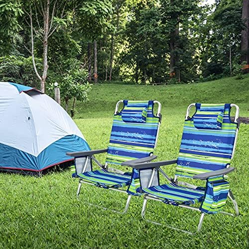 COSTWAY Folding Beach Chair Set, 5 Adjustable Position Camping Chairs Sets with Headrest, Cup Holder, Ice Bag and Towel Rack, Outdoor Portable Sun Lounger (Blue+Green, without Table)