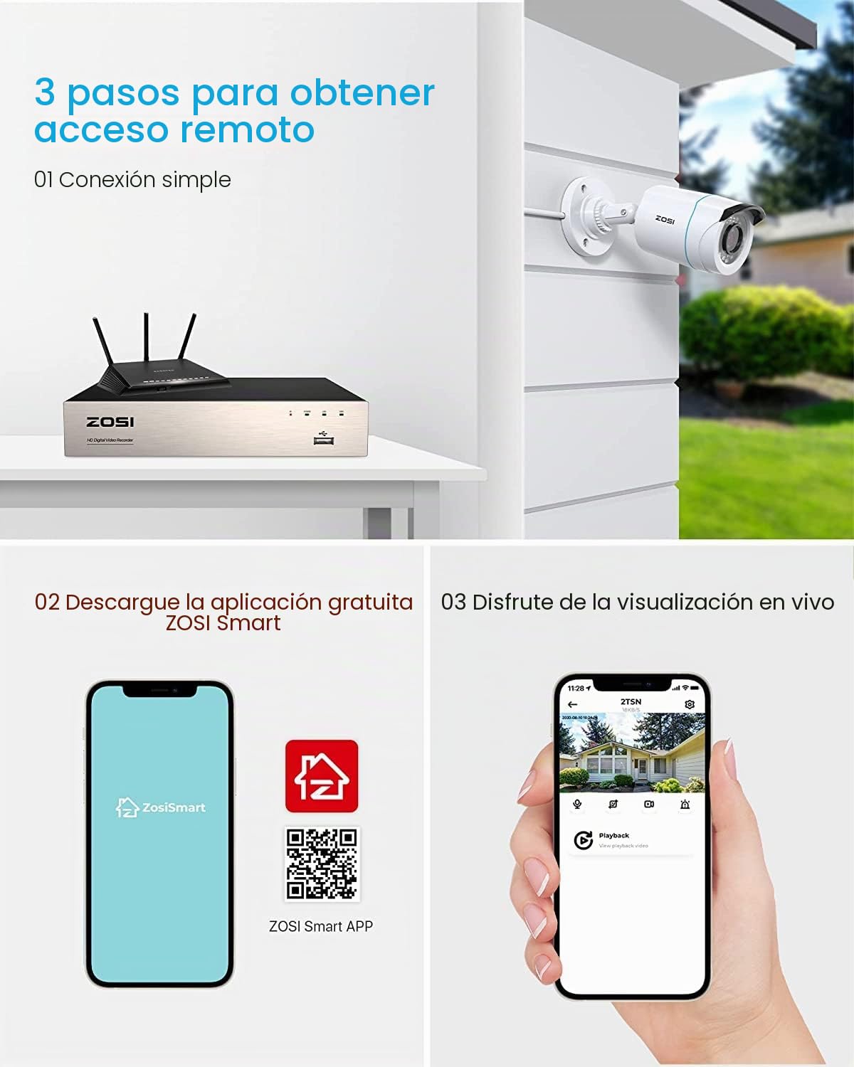 ZOSI 1080P Kit Videovigilancia 8CH H.265+ Grabador DVR + (4) Cámara de Vigilancia Exterior, 20m Visión Nocturna, P2P, Alarma de Movimiento, Sin Disco Duro