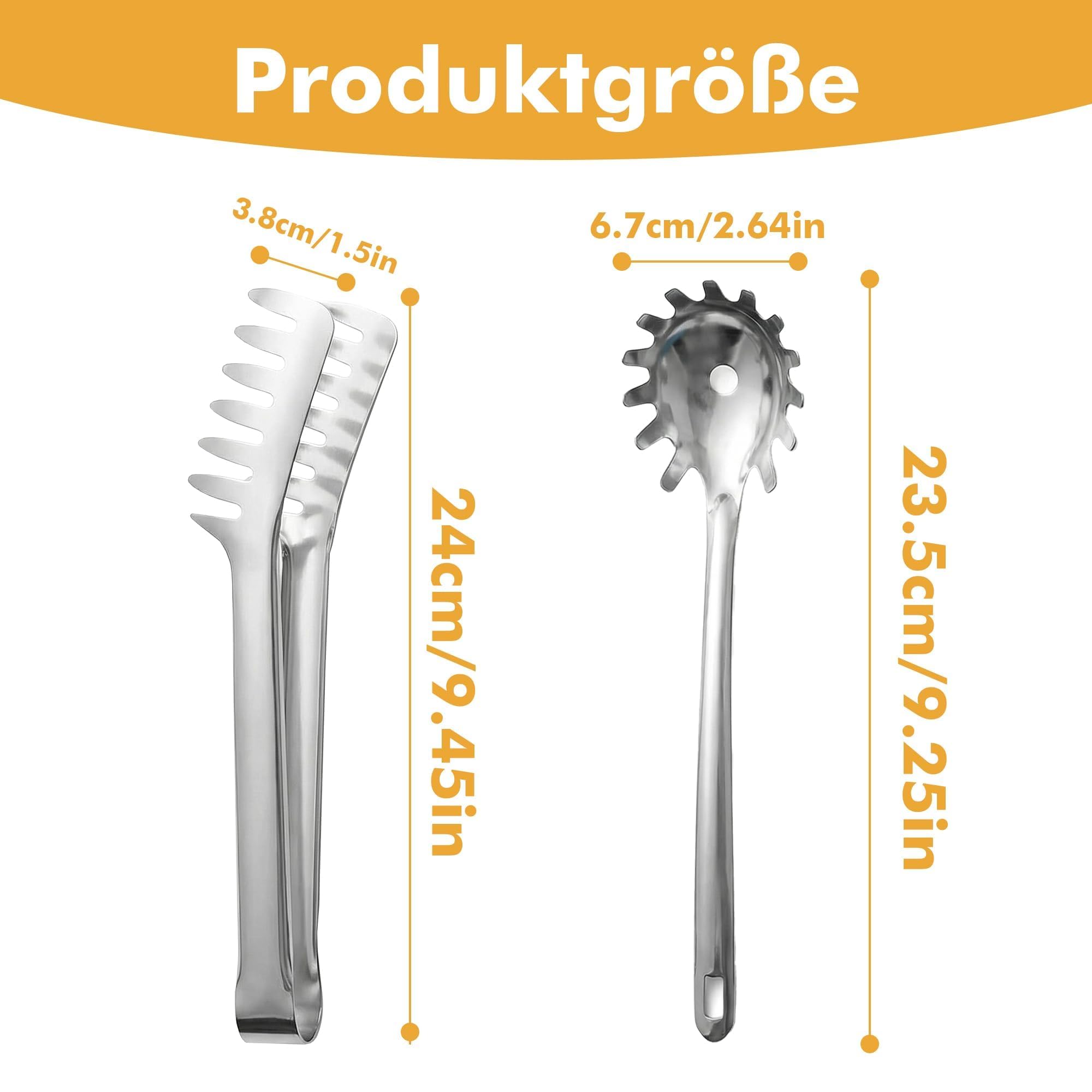 Yootiko Juego de 2 cubiertos para pasta de acero inoxidable, pinzas para pasta y cuchara, utensilios de cocina ergonómicos, inoxidables y duraderos, para pasta, ensaladas y verduras