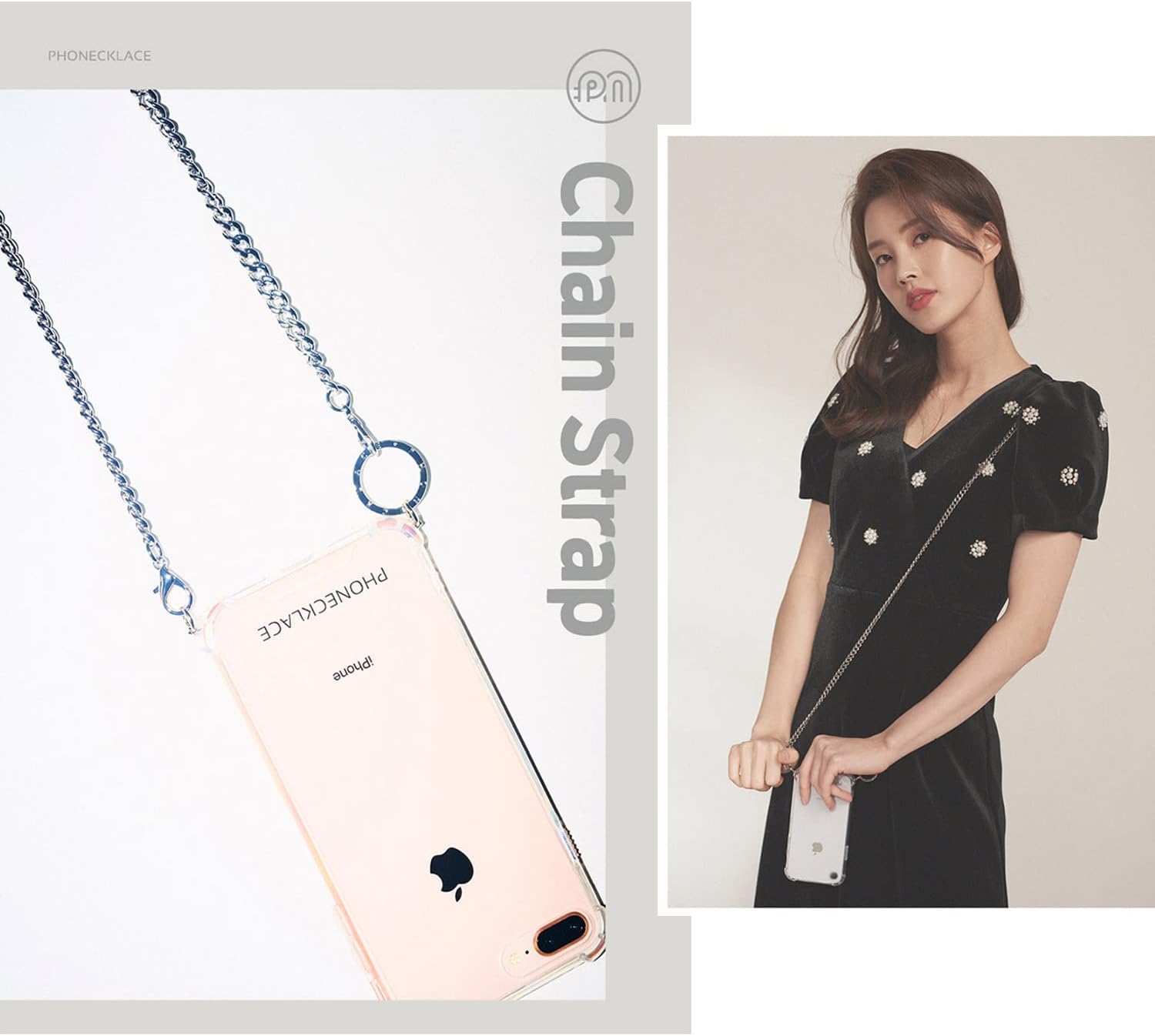 PN22755iSE3 iPhone SE 3/SE 2/8/7 Case with Chain Shoulder Strap, Clear, Crossbody Phone Case, Neck Strap, Smartphone, Silver