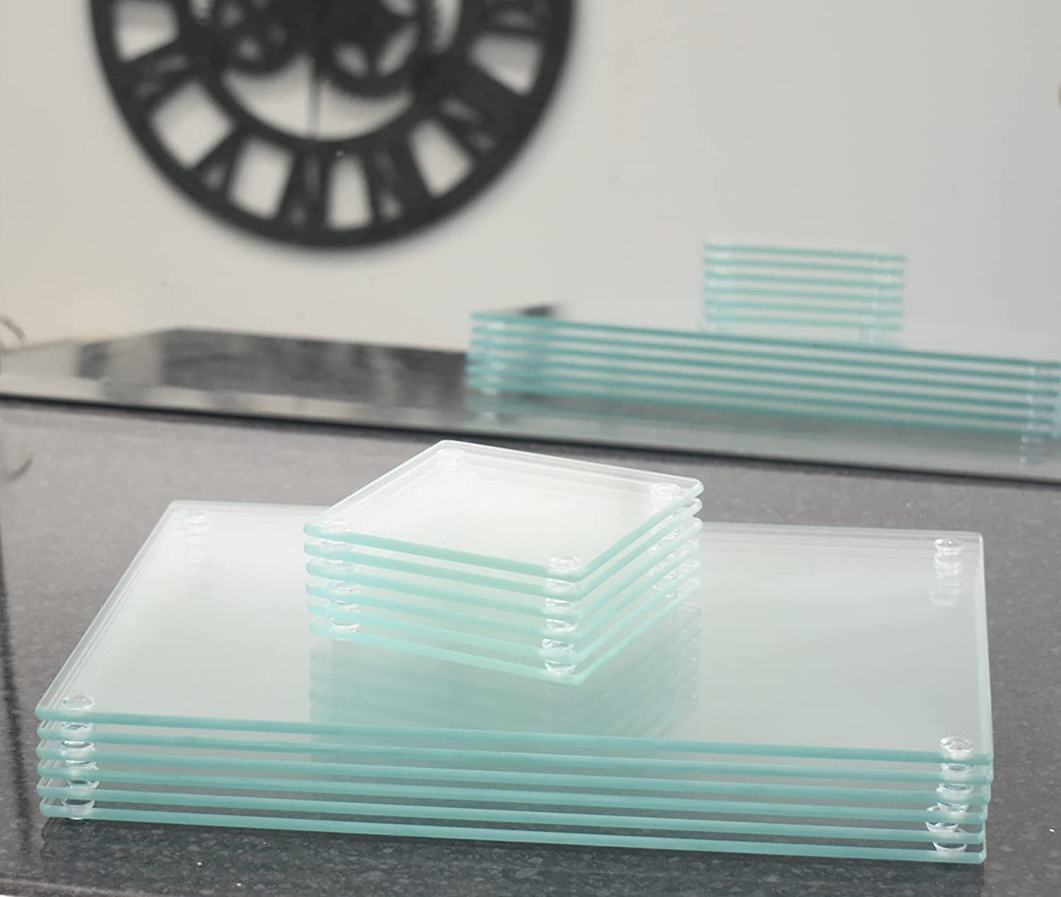 Biznest Clear Square Glass 10Cm Coasters Rectangle 20X30cm Placemats Dining Table Mats Kitchen Heat Resistant Luxurious Lifestyle Heavy Duty (6X Coasters & 6X Placemats)