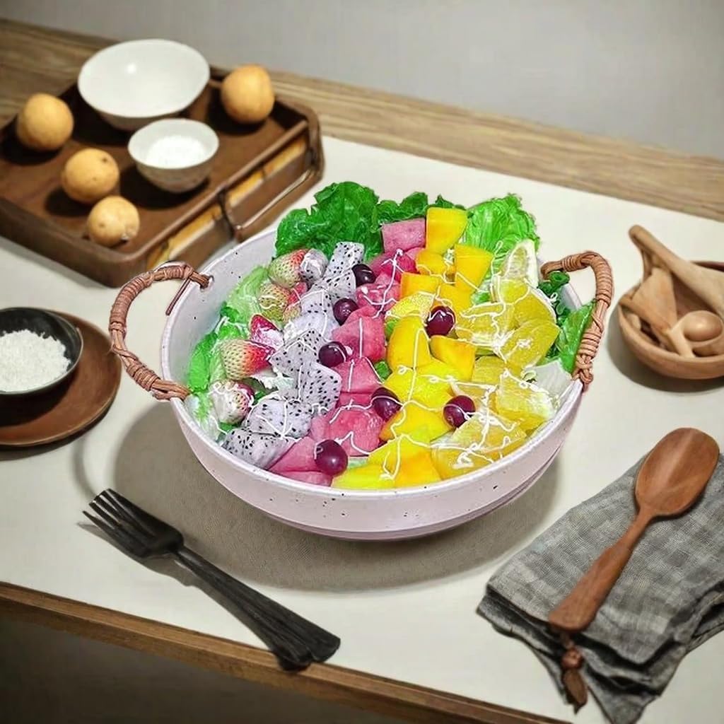 Ceramic Fruit Bowl or Salad Bowl with Double Eared Vine Weaving Handles, Ceramic Salad Bowl with Anti Slip Bottom,Large Fruit Bowl for Kitchen Counter(10Inches)
