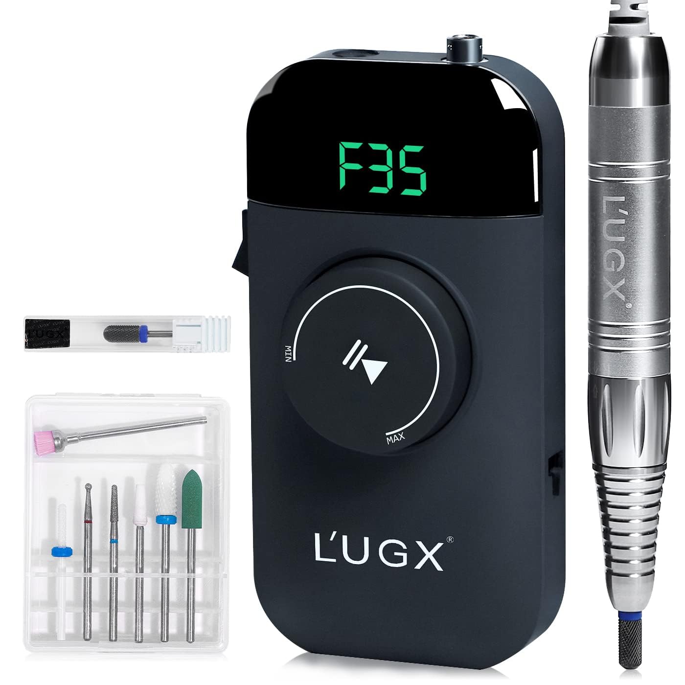 L'UGX Fresa de uñas profesional inalámbrica, motor sin escobillas, lima de uñas eléctrica para uñas de gel y uñas acrílicas, 35000 rpm, pantalla LED, set de manicura eléctrica para salón y hogar