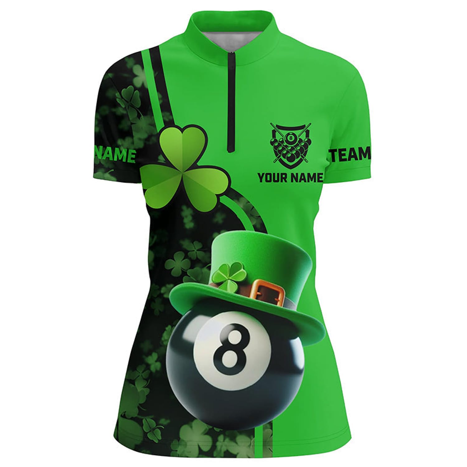Personalized St Patricks Day Billiard 8 Ball Quarter Zip Shirts for Women Shamrock Billiard Jerseys V0993