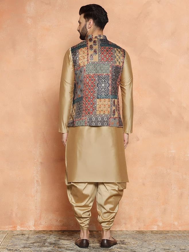 Image of Kisah Men's Cotton Printed Jacket Set with Nehru Jacket Regular Fit | Designer Ethnic Layering | Wedding & Occasion Wear