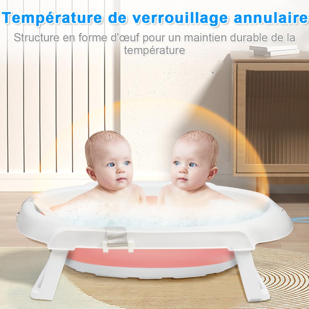 Bañera para bebé con soporte de 84,5 cm, bañera de bebe sobre pie, segura y cómoda, cuenca plegable para bebe con termómetro y cojín de baño (63 x 60 x 84,5 cm), color rosa