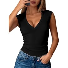 PRETTYGARDEN Womens Summer Tops 2026 Casual Sleeveless Knit Cropped Slim Fit Going Out Top Deep V Neck T Shirts Y2k Clothes
