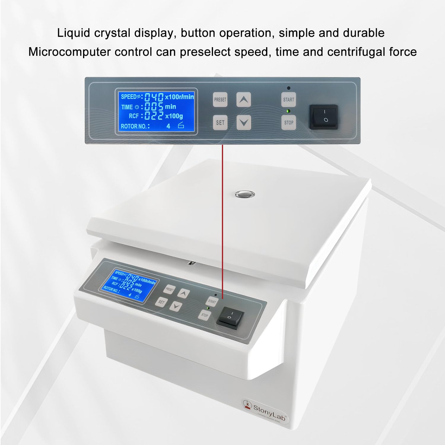 stonylab Centrífuga de Baja Velocidad, 220V/60Hz, Centrífuga Digital de Sobremesa con Velocidad Máxima de 4000 RPM, Fuerza Centrífuga Máxima de 2400xg, Rotor de Ángulo de 15 ml x 12