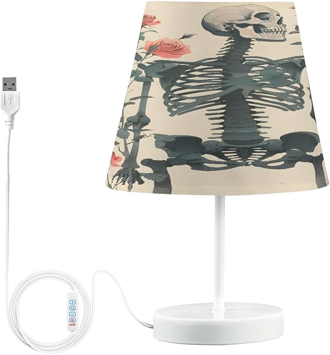 ALAZA Skeleton Sugar Skull Blossom Roses Decor Bedside Table Lamp with USB Port 3 Color Temperatures LED Desk Lamp for Bedroom Office M