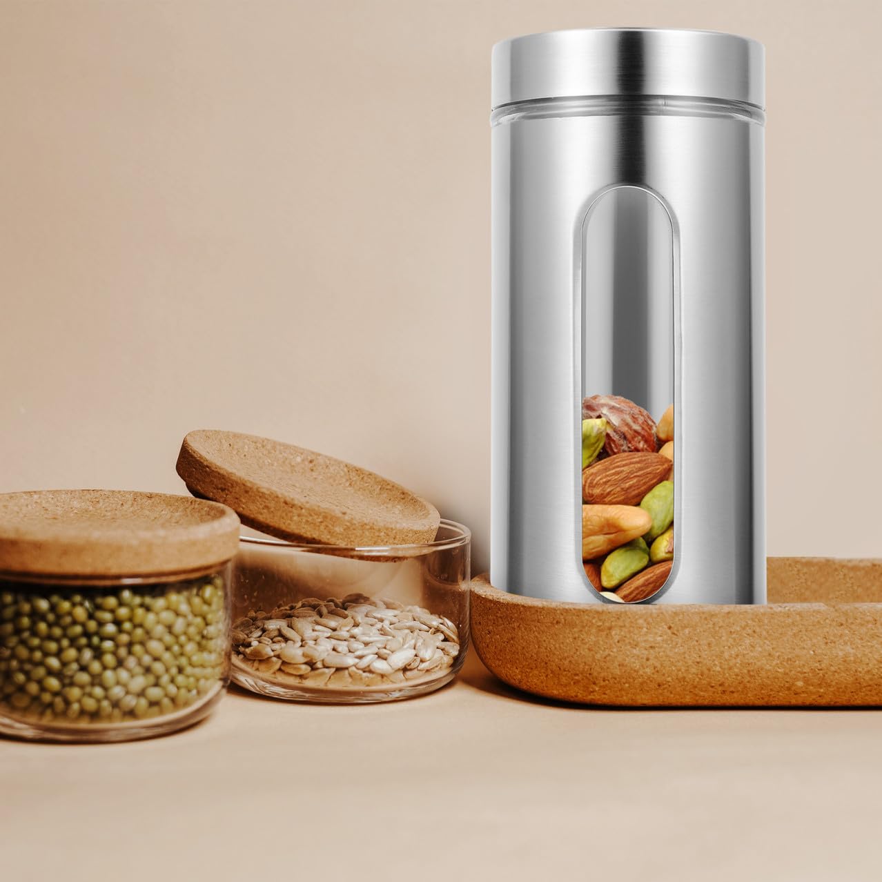 COLLBATH Contenitore Multifunzionale per Kitchen Storage in Acciaio Inossidabile Serbatoio Ermetico Finestra Visibile e Capacità 1200ml per Tè e Alimenti