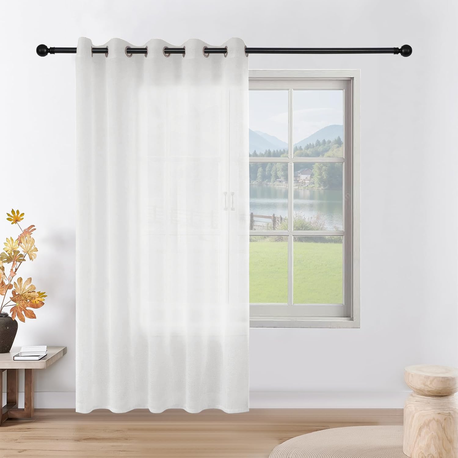 CUCRAF Leinenoptik Voile Vorhänge mit Ösen Gardine für Schlafzimmer Wohnzimmer, Off White,1 Stück