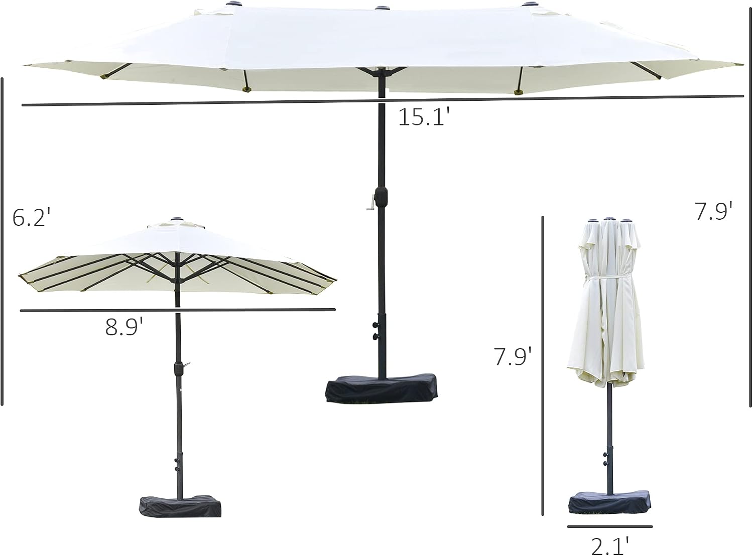 Outsunny Large Patio Umbrella with Base Included, 15' Steel Rectangular Double Sided Outdoor Umbrella, Sun Protection & Easy Crank for Deck Pool Patio