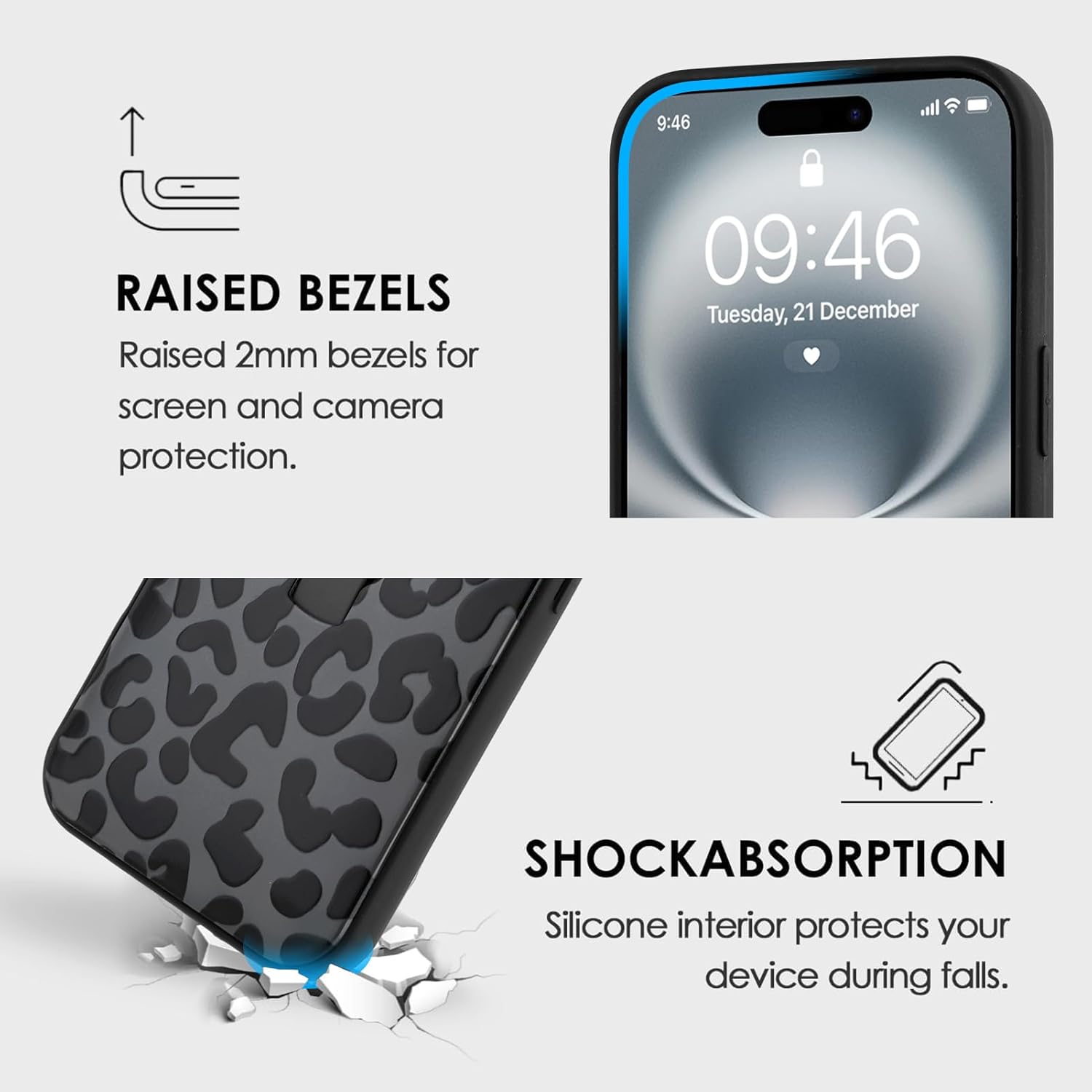 Compatible with iPhone 16 Case with Finger Hand Strap Kickstand, Trendy Cool Leopard Cheetah Print Phone Case for Women Men, Full Camera Protection Shockproof Protective Cover, Black - Image 2