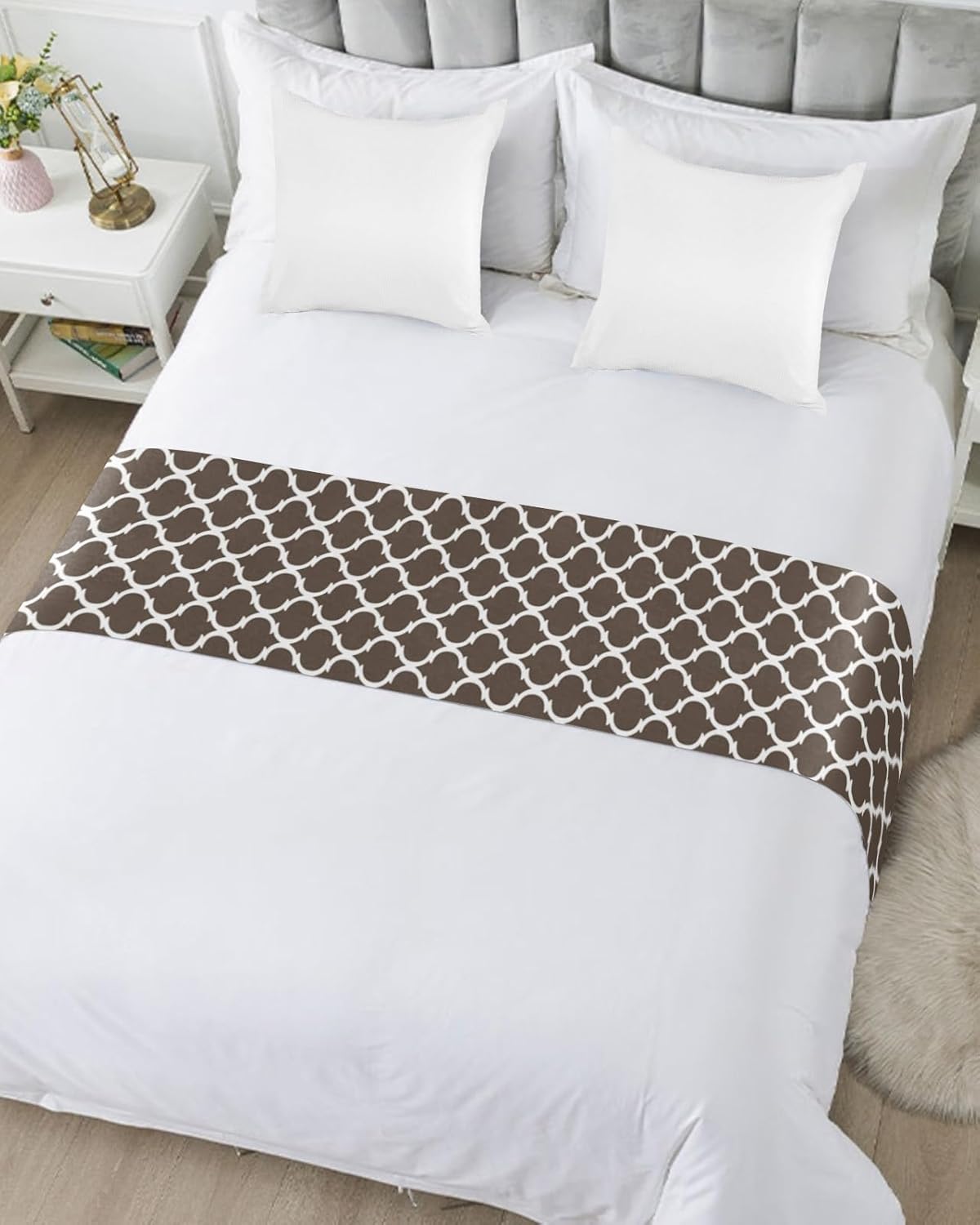 Teamery Bed Runners & Scarves, Brown Morocco Pattern Bed Runner, Bed Scarf Protector Decorative Accent Bedding Scarf for Hotels Homes and Guestrooms, 83 x 20 inches