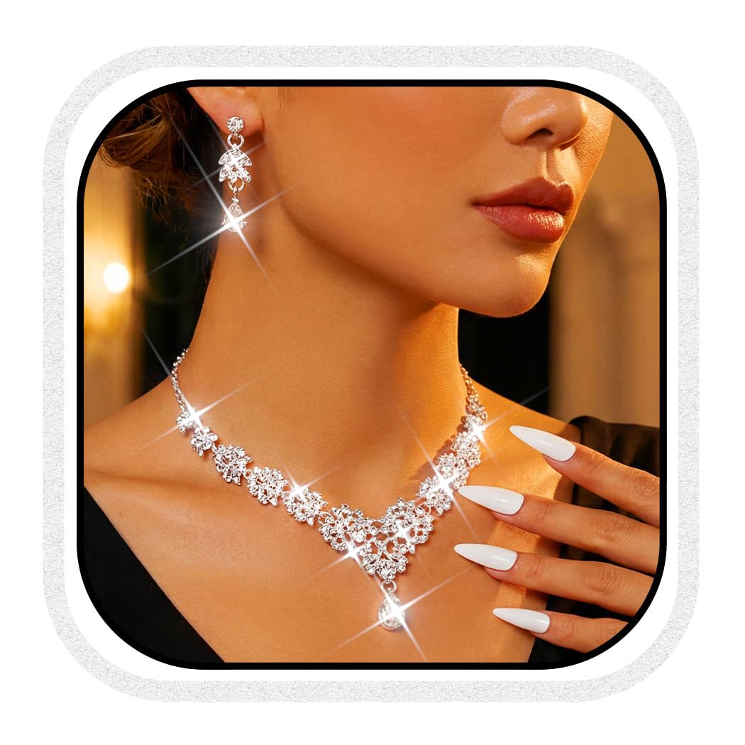 CLOACE Rhinestone Wedding Bridal Jewelry Set Silver Sparkly Earrings Prom Necklace Jewelry Accessories for Women