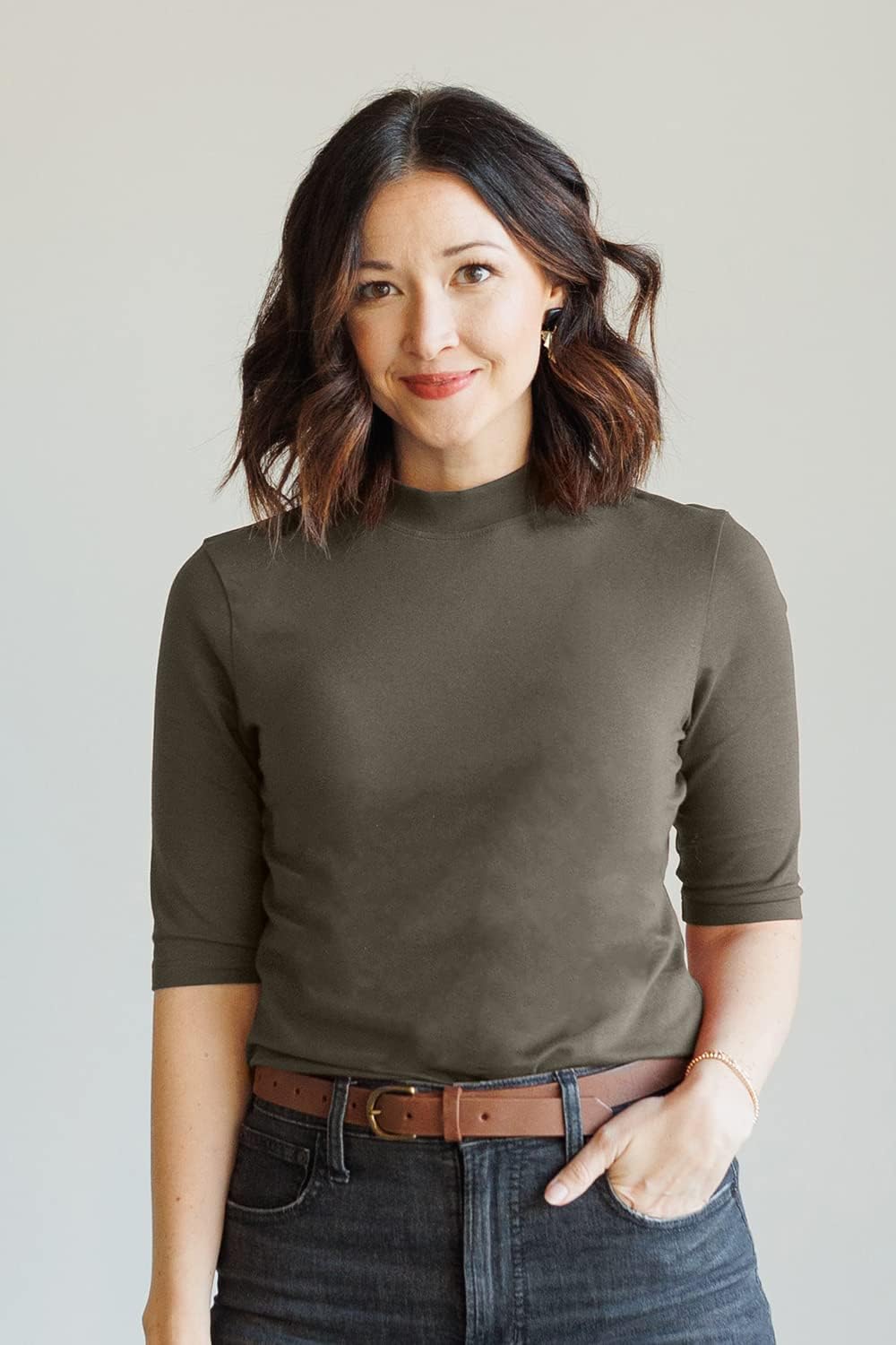 Fair Indigo Women's Organic Pima Cotton Half Sleeve Mock Neck T-Shirt - Image 5